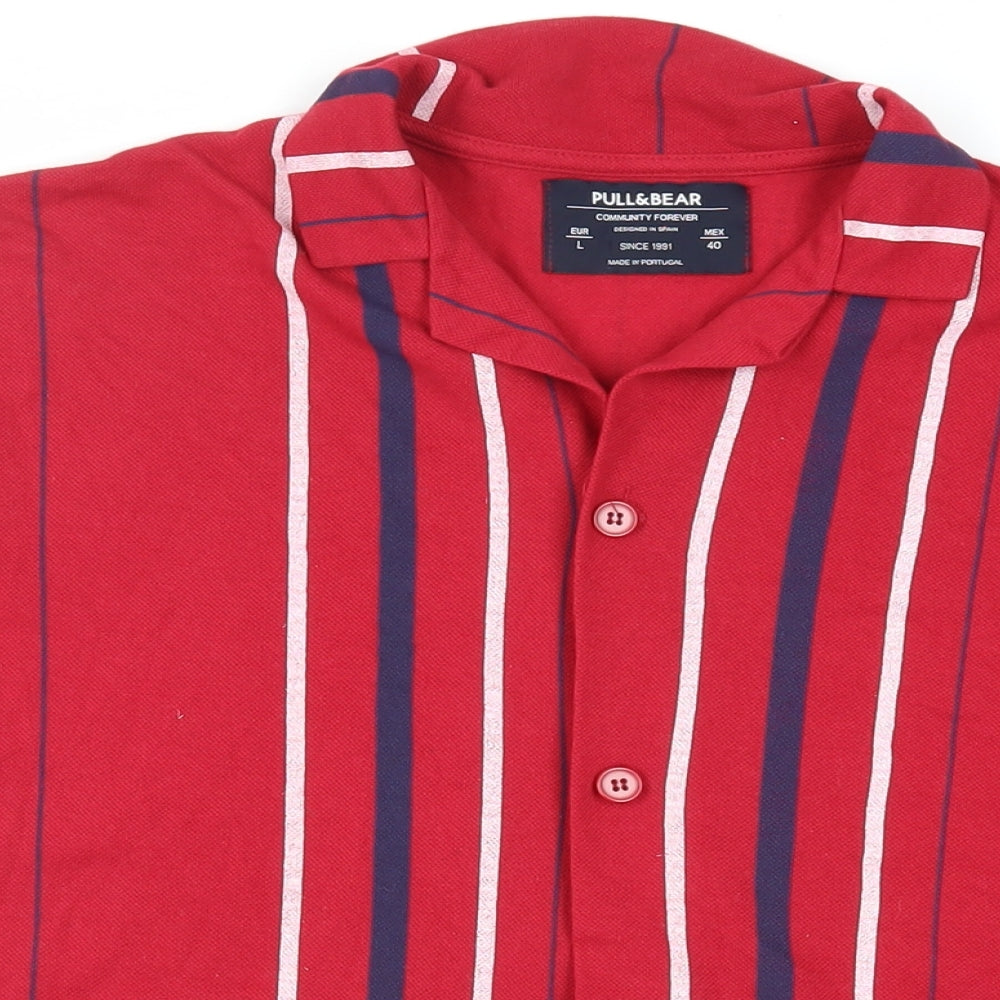 Pull&Bear Mens Red Striped Polyester Button-Up Size L Collared Button