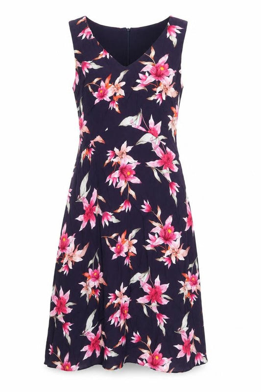 Front view of Wallis women’s purple floral viscose a-line, size UK 10, v-neck zip