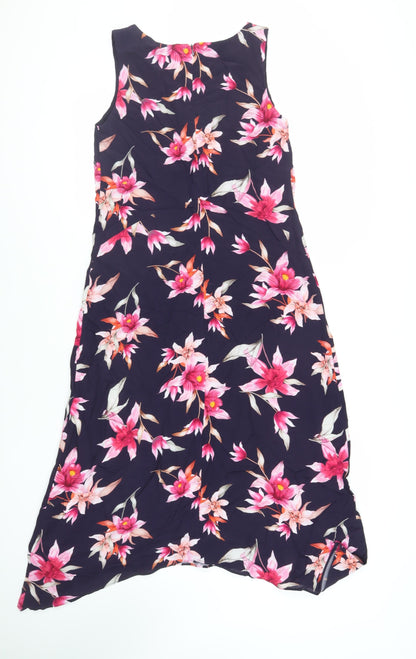 Wallis Womens Purple Floral Viscose A-Line Size 10 V-Neck Zip