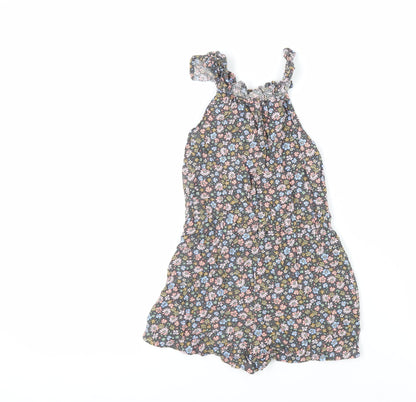 H&M Girls Grey Floral Viscose Playsuit One-Piece Size 7-8 Years Pullover - Elasticated Waist