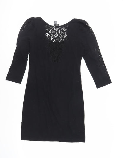 H&M Womens Black Cotton Mini Size M Boat Neck Pullover - Lace Detail