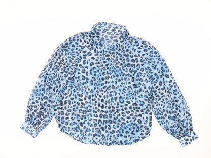 Axara Womens Blue Animal Print Polyester Basic Button-Up Size S Collared - Sheer