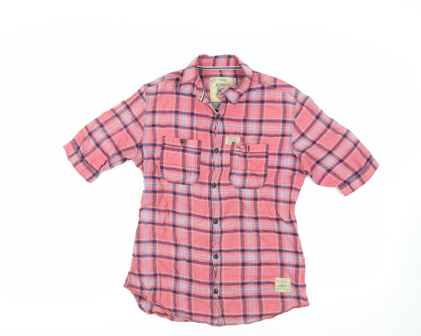 NEXT Mens Pink Plaid Cotton Button-Up Size S Collared Button