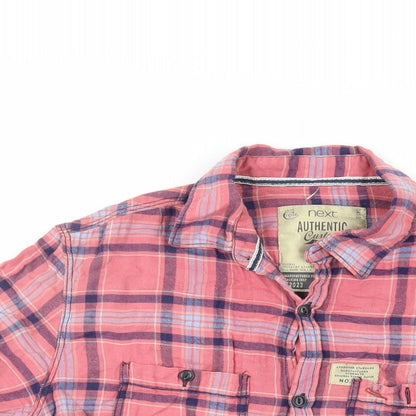 NEXT Mens Pink Plaid Cotton Button-Up Size S Collared Button