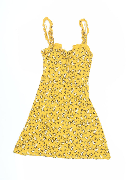 PRETTYLITTLETHING Womens Yellow Floral Viscose Mini Size 8 Round Neck Pullover