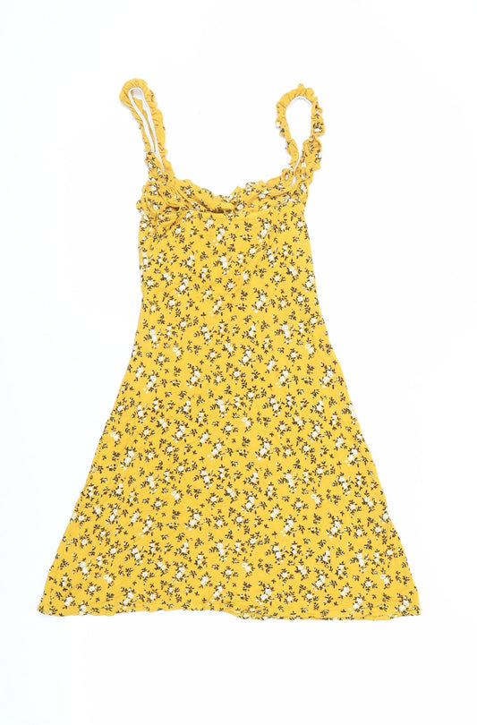 PRETTYLITTLETHING Womens Yellow Floral Viscose Mini Size 8 Round Neck Pullover