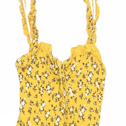PRETTYLITTLETHING Womens Yellow Floral Viscose Mini Size 8 Round Neck Pullover