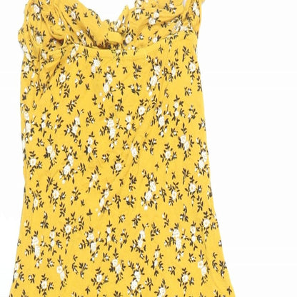 PRETTYLITTLETHING Womens Yellow Floral Viscose Mini Size 8 Round Neck Pullover