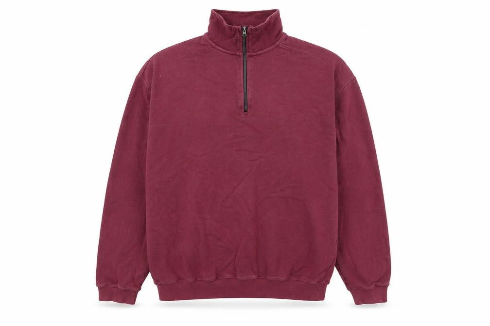 Front view of Kirkland men’s purple mock neck cotton jumper, size M, long sleeve