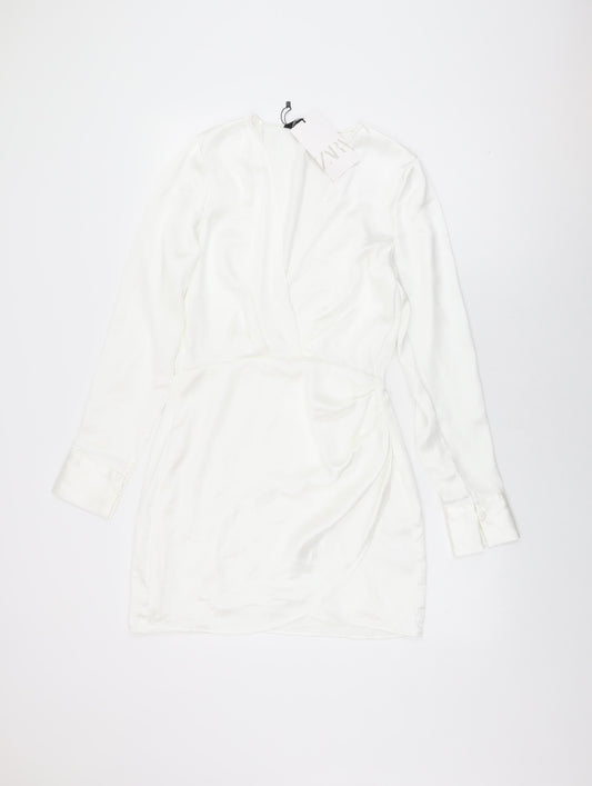 Zara Womens White Polyester Wrap Dress Size S V-Neck Zip