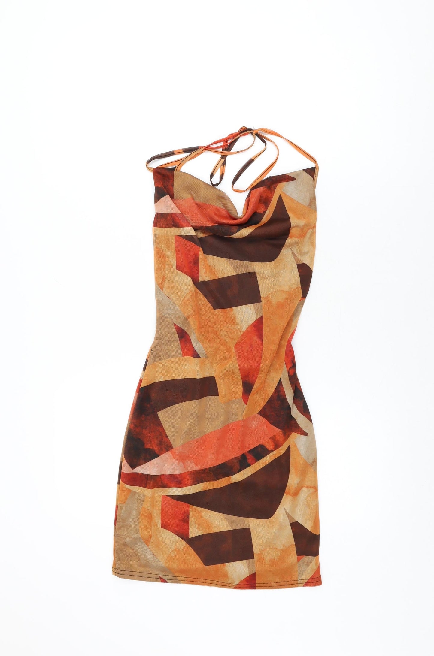 PRETTYLITTLETHING Womens Orange Geometric Polyester Bodycon Size 6 Cowl Neck Tie