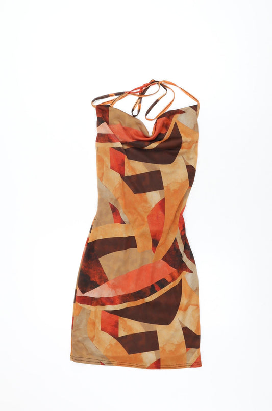 PRETTYLITTLETHING Womens Orange Geometric Polyester Bodycon Size 6 Cowl Neck Tie