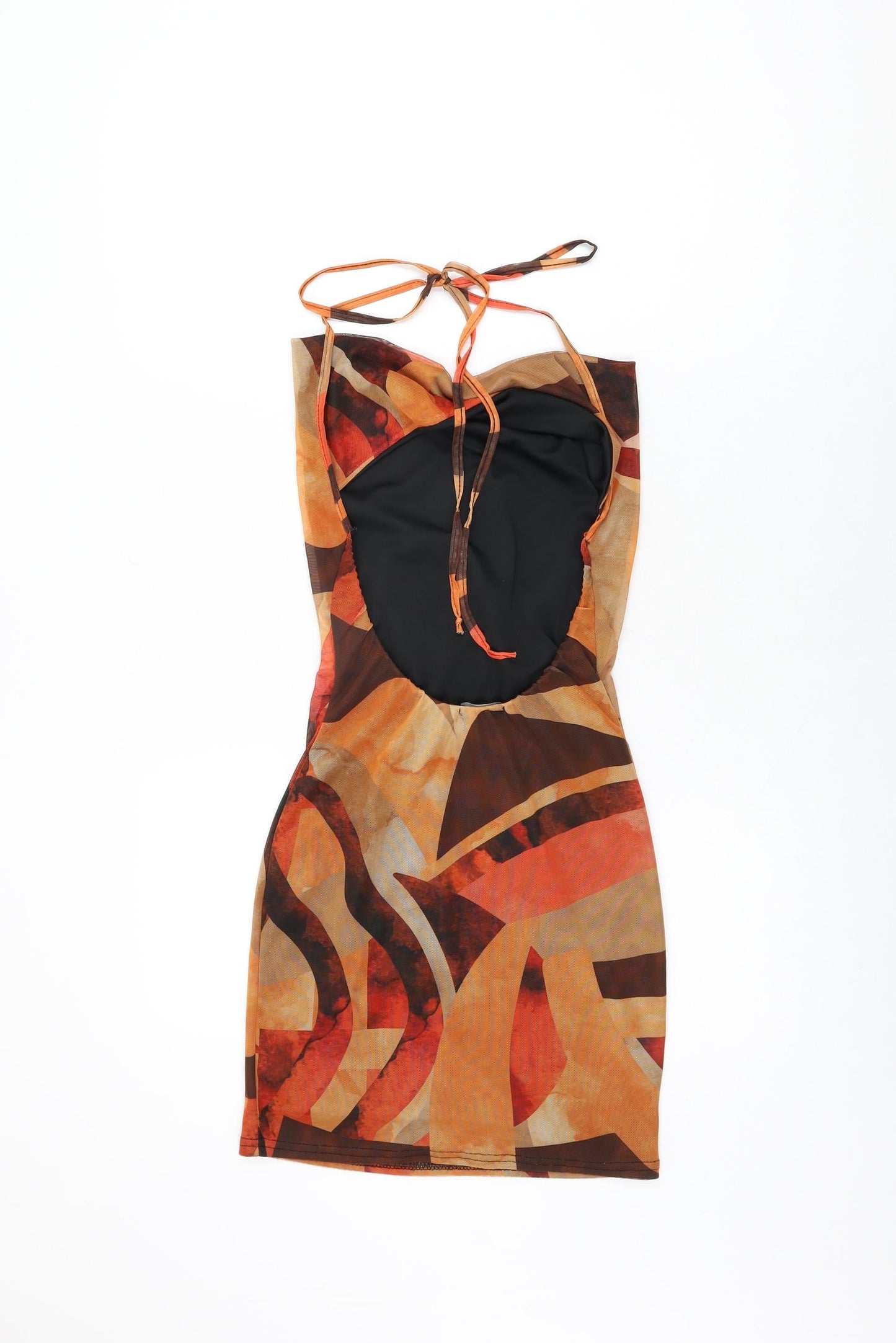 PRETTYLITTLETHING Womens Orange Geometric Polyester Bodycon Size 6 Cowl Neck Tie