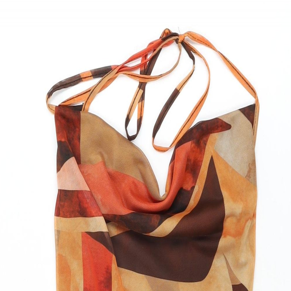 PRETTYLITTLETHING Womens Orange Geometric Polyester Bodycon Size 6 Cowl Neck Tie