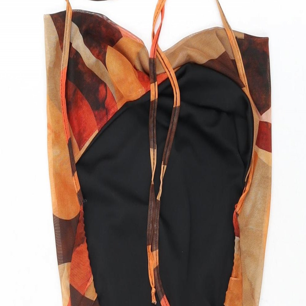 PRETTYLITTLETHING Womens Orange Geometric Polyester Bodycon Size 6 Cowl Neck Tie