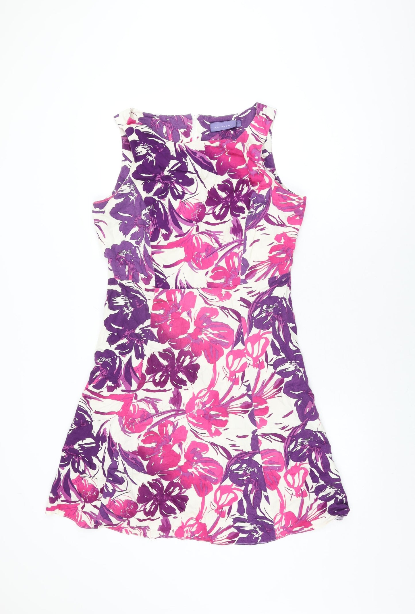 Autonomy Womens White Floral Cotton A-Line Size 14 Round Neck Zip