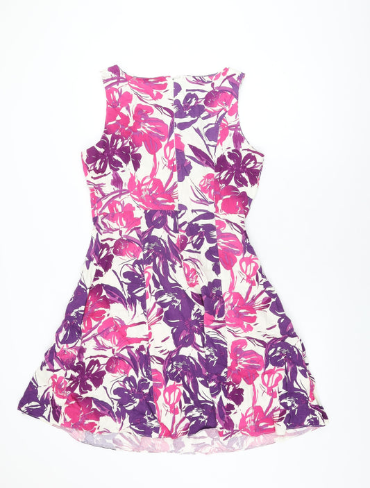 Autonomy Womens White Floral Cotton A-Line Size 14 Round Neck Zip