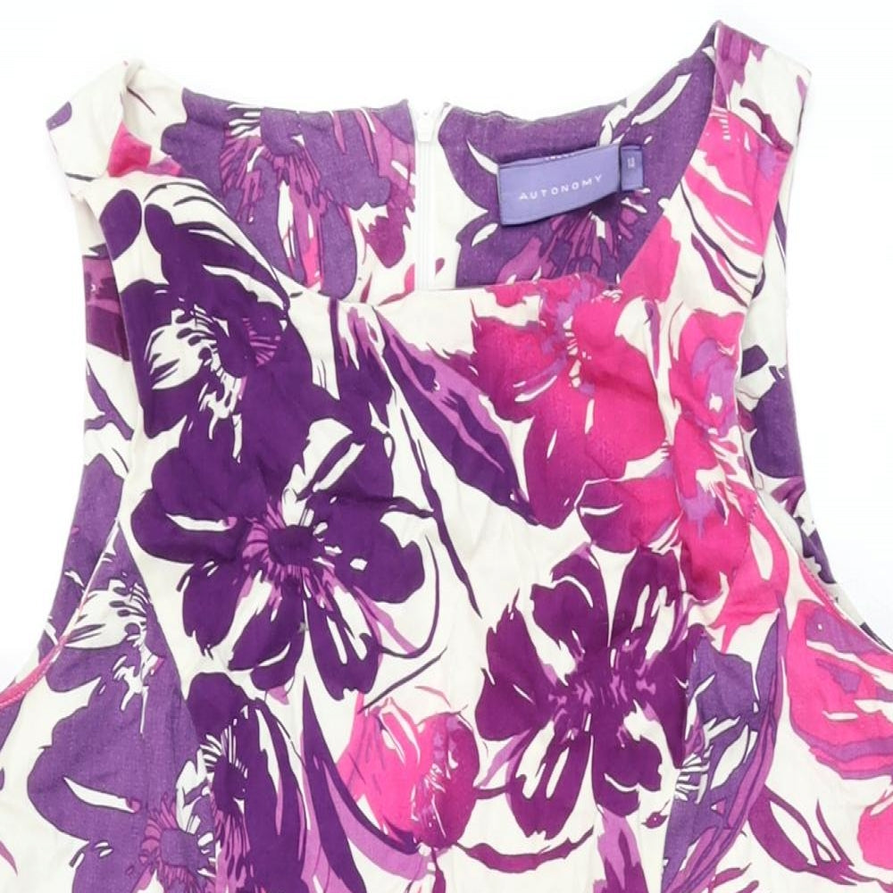 Autonomy Womens White Floral Cotton A-Line Size 14 Round Neck Zip