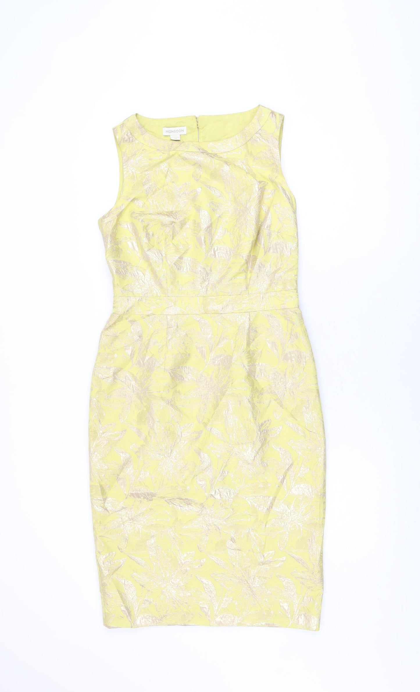 Monsoon Womens Yellow Floral Cotton Bodycon Size 10 Round Neck Zip