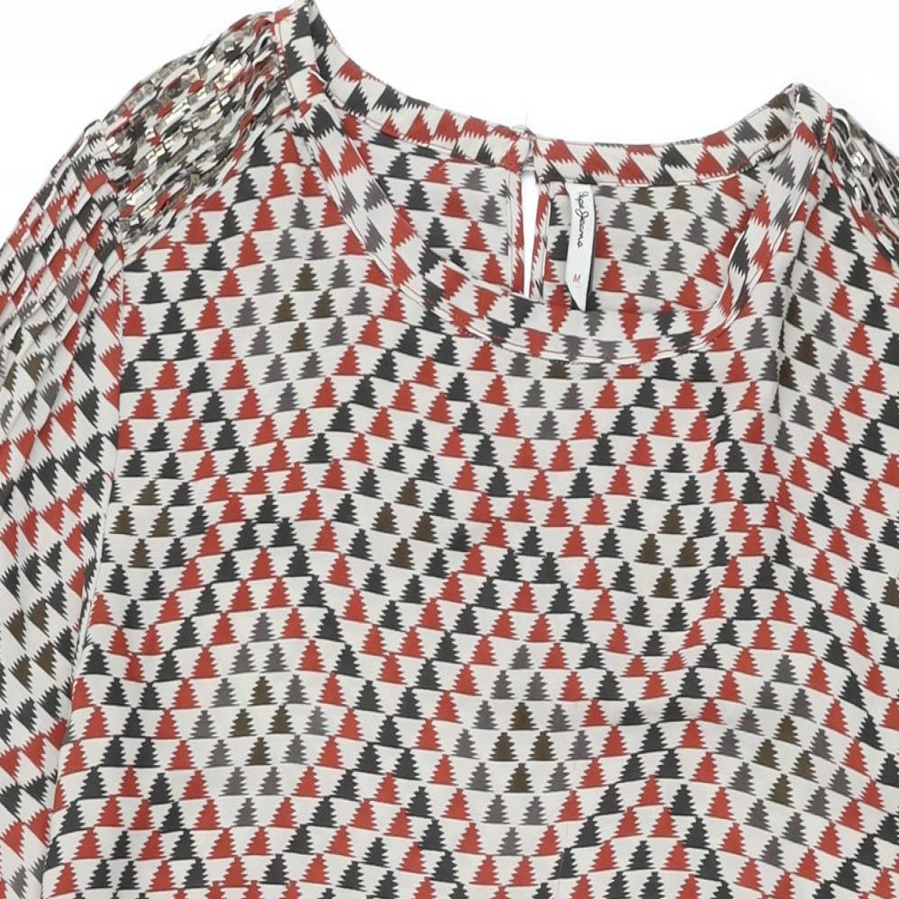 Pepe Jeans Womens Beige Geometric Polyester Shift Size M Round Neck Button
