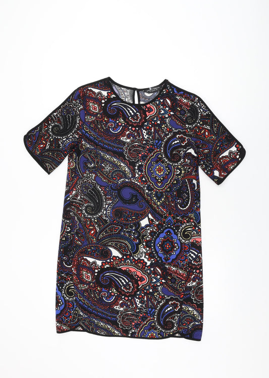 Dorothy Perkins Womens Black Geometric Polyester Shift Size 8 Round Neck Button