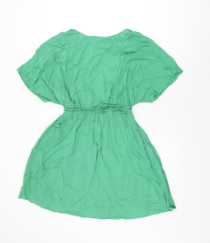 Marks and Spencer Womens Green Viscose Skater Dress Size 14 V-Neck Tie