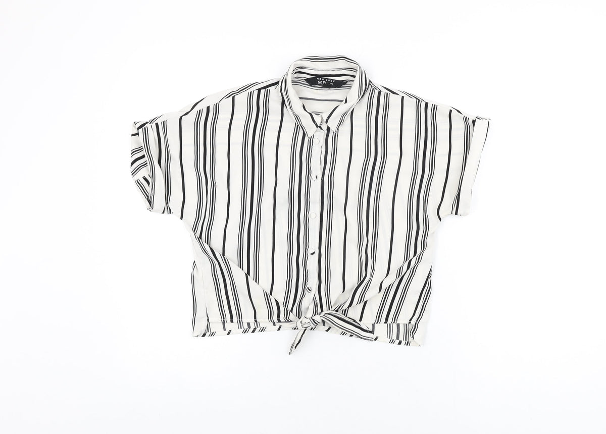 Additional front view of New Look girls’ white striped polyester basic button-up, size 12, years collared button