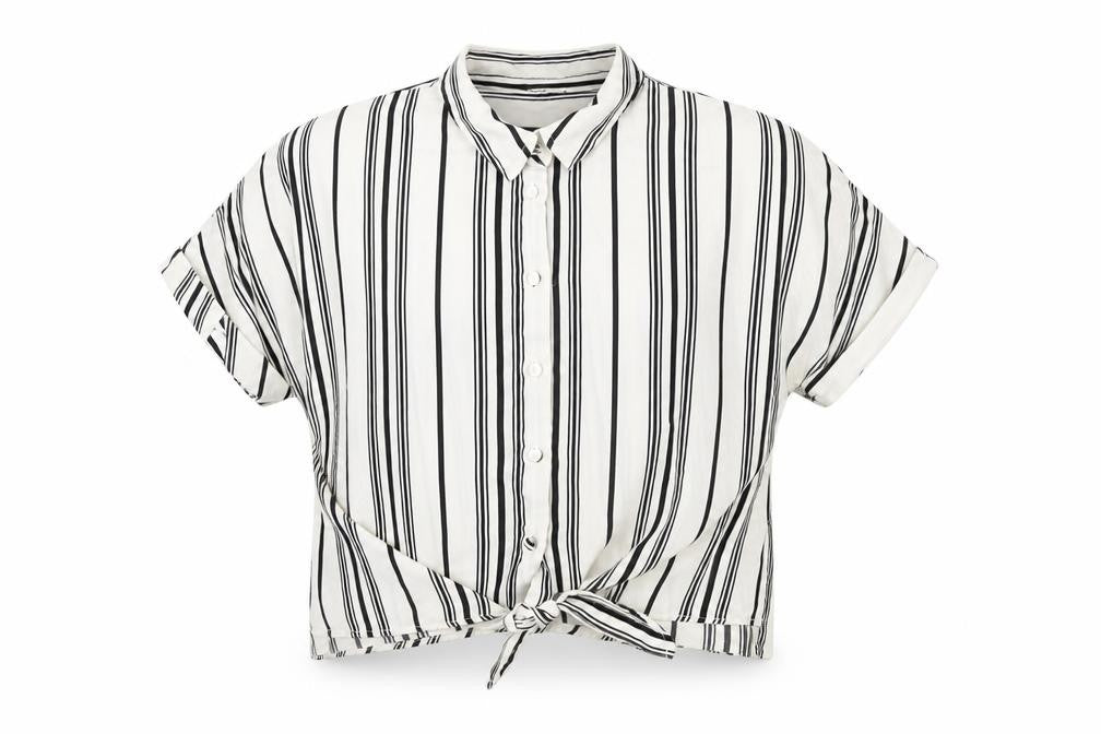 Front view of New Look girls’ white striped polyester basic button-up, size 12, years collared button