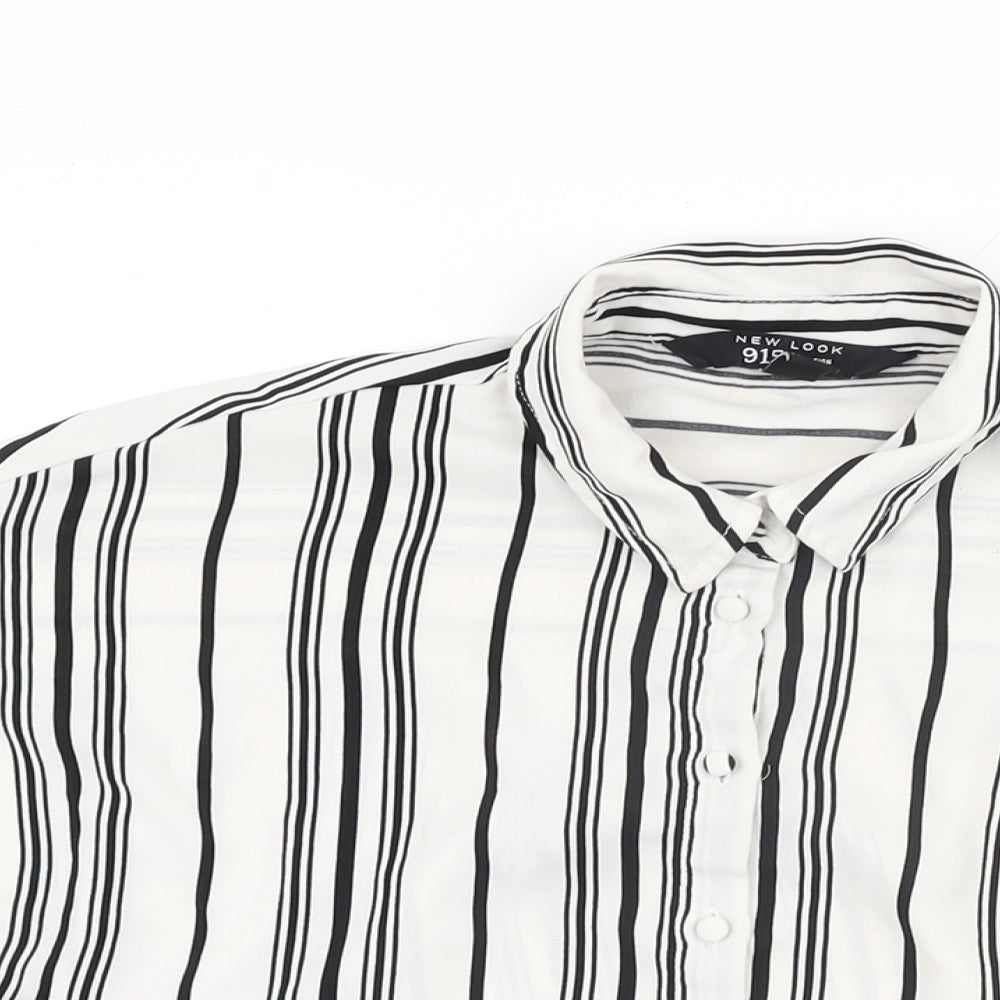 Close-up detail of New Look girls’ white striped polyester basic button-up, size 12, years collared button