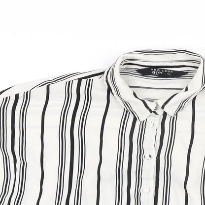 Close-up detail of New Look girls’ white striped polyester basic button-up, size 12, years collared button