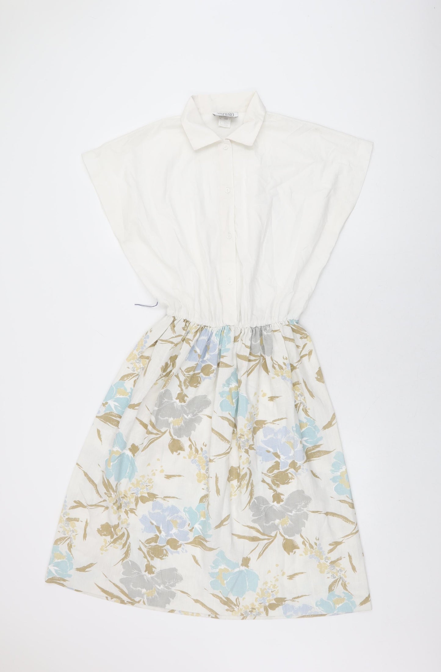 Sabino Womens White Floral Cotton A-Line Size 12 Collared Button