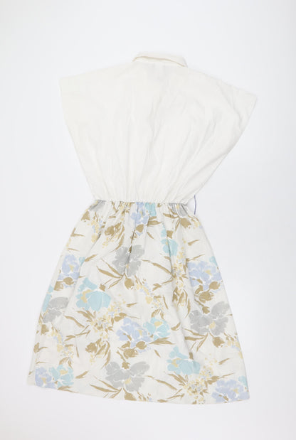 Sabino Womens White Floral Cotton A-Line Size 12 Collared Button