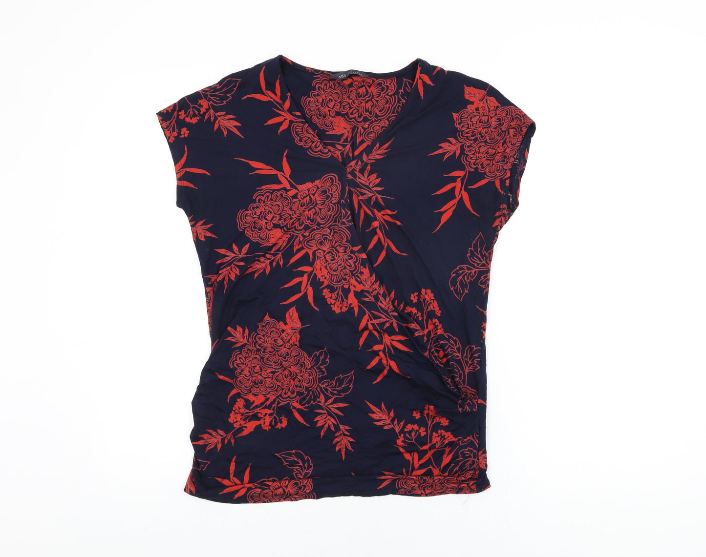 Marks and Spencer Womens Blue Floral Viscose Wrap T-Shirt Size 10 V-Neck