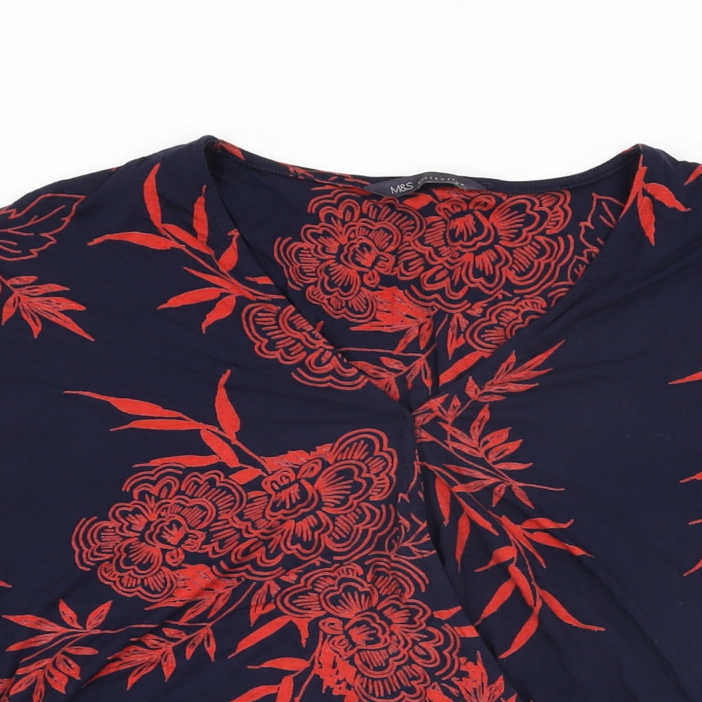 Marks and Spencer Womens Blue Floral Viscose Wrap T-Shirt Size 10 V-Neck