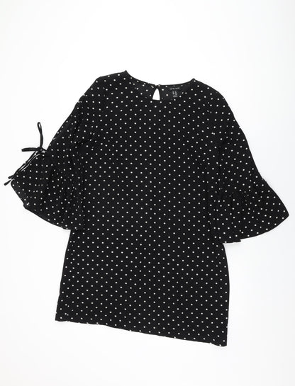 New Look Womens Black Polka Dot Polyester Shift Size 14 Round Neck Button