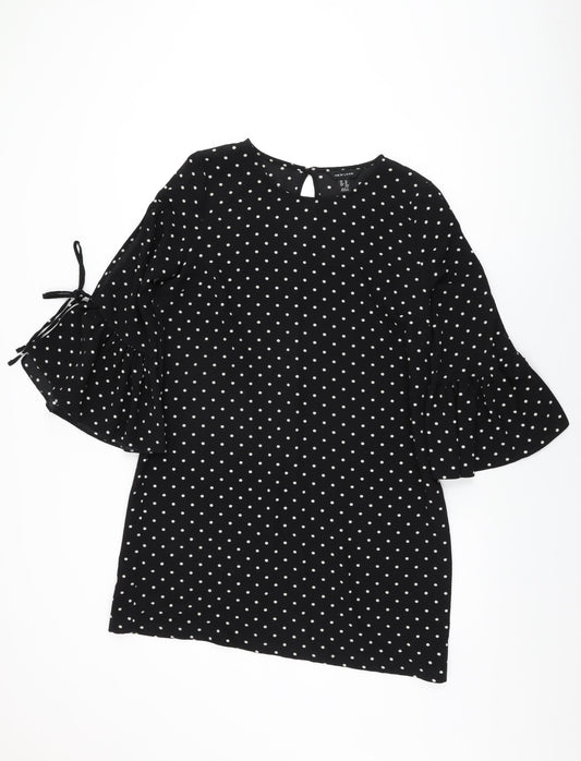 New Look Womens Black Polka Dot Polyester Shift Size 14 Round Neck Button