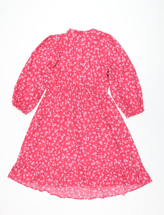 New Look Womens Pink Floral Polyester A-Line Size 12 V-Neck Pullover