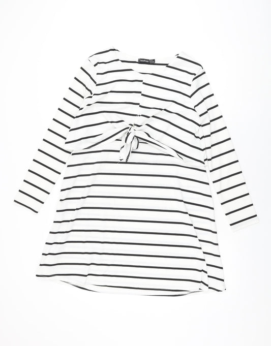 Boohoo Womens White Striped Polyester Shift Size 12 Round Neck Pullover
