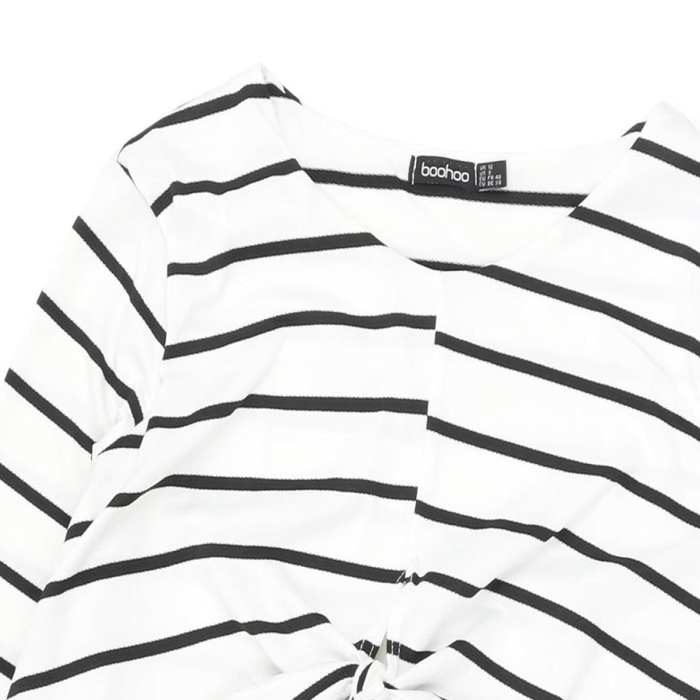 Boohoo Womens White Striped Polyester Shift Size 12 Round Neck Pullover