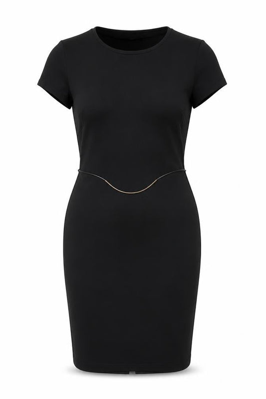 Front view of Kaleidoscope women’s black polyester bodycon, size UK 10, round neck pullover