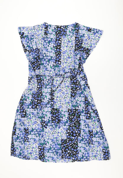 Marks and Spencer Womens Blue Floral Polyester A-Line Size 16 V-Neck Pullover