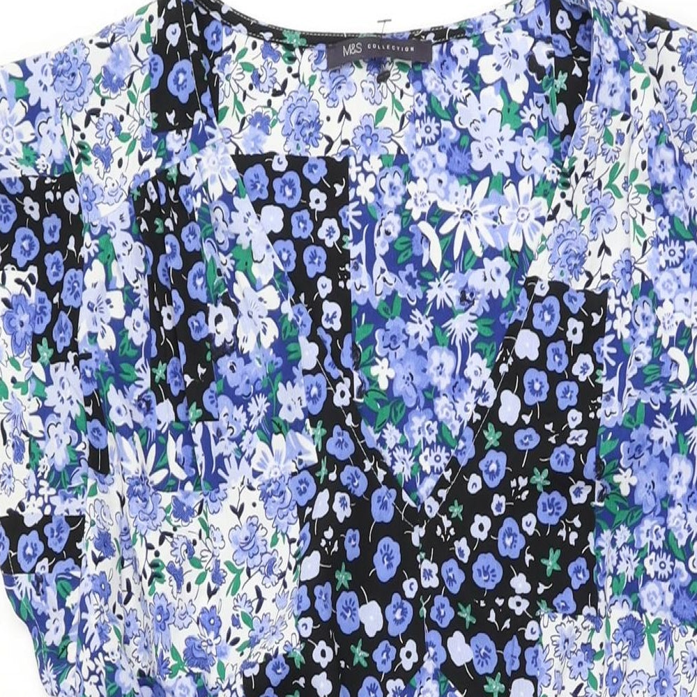 Marks and Spencer Womens Blue Floral Polyester A-Line Size 16 V-Neck Pullover