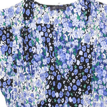 Marks and Spencer Womens Blue Floral Polyester A-Line Size 16 V-Neck Pullover