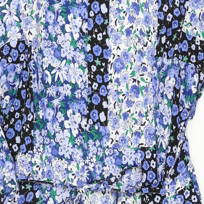 Marks and Spencer Womens Blue Floral Polyester A-Line Size 16 V-Neck Pullover