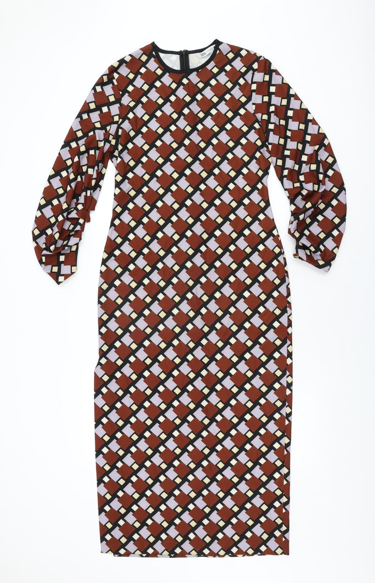 Zara Womens Brown Geometric Polyester Maxi Size S Round Neck Zip