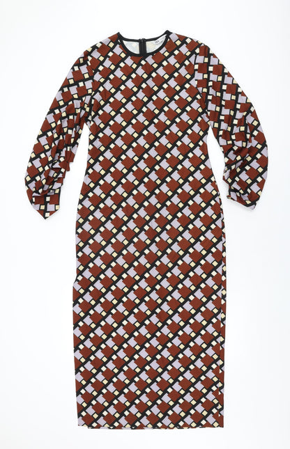 Zara Womens Brown Geometric Polyester Maxi Size S Round Neck Zip