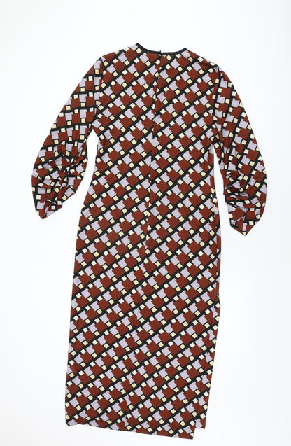 Zara Womens Brown Geometric Polyester Maxi Size S Round Neck Zip