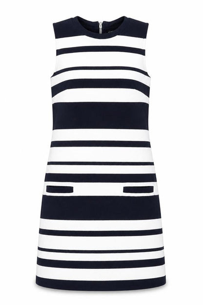 Warehouse Womens White Striped Polyester Shift Size 10 Round Neck Zip