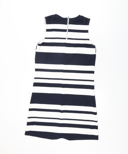 Warehouse Womens White Striped Polyester Shift Size 10 Round Neck Zip