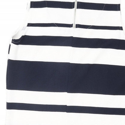 Warehouse Womens White Striped Polyester Shift Size 10 Round Neck Zip